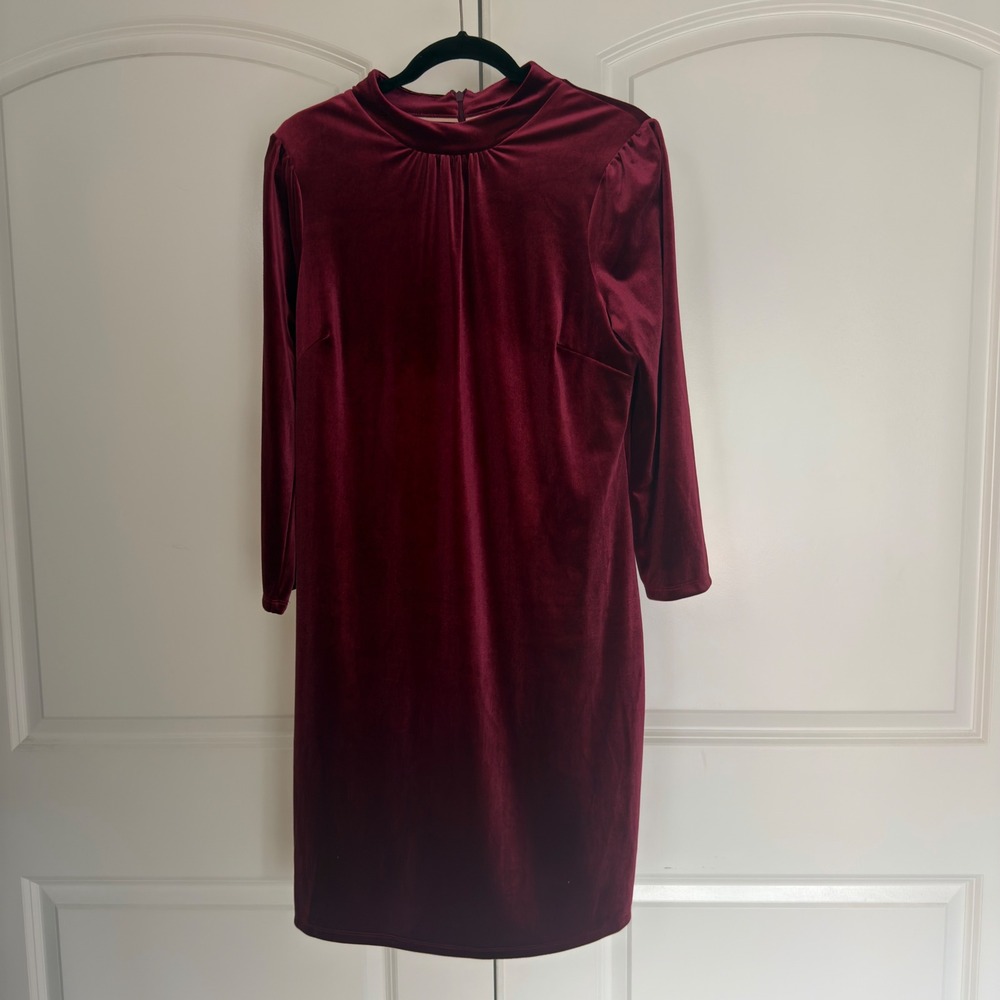 Boden Womens Burgundy Velvet Mock Neck Pleated Shift Dress US 10R Holiday Wine